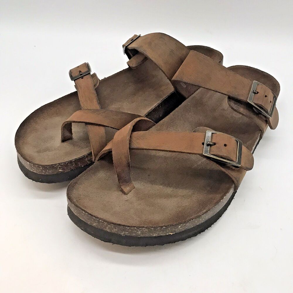 Mountain Sole Brown Leather Sandals Women's 10M Adjustable Buckle Strap Thongs